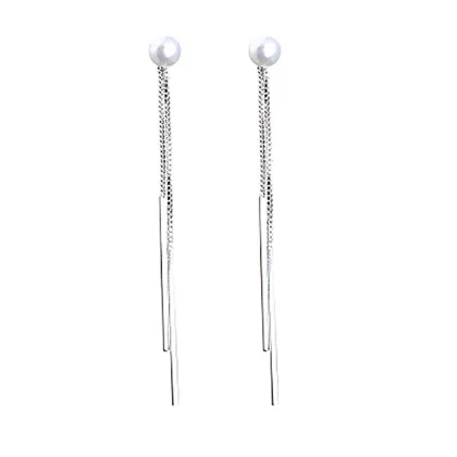 Metallic Pearl Long Straight Tassel Earrings