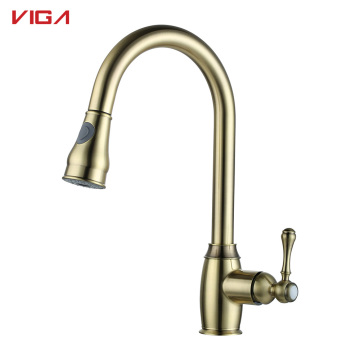 Antique Brass Pull Down Kitchen Faucet - High Arc Pull Out Mixer Gold Kitchen Tap