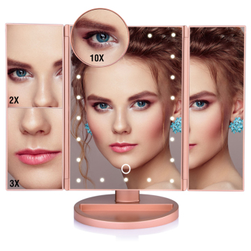 Factory Direct New Design Plastic TRIFOLD Magnifying LED Mirror with Touch Switch and 22 Lights - Personalized ABS 3X 1X
