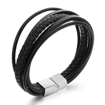 Unique men's black leather bracelet with magnetic clasp