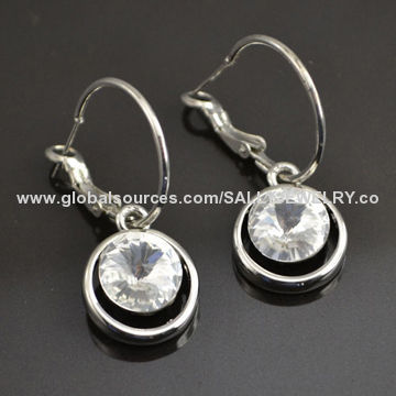 2014 Elegant Nice Hoop Earrings with Big Crystal, Made of Copper/Zircon, OEM/ODM Orders Welcomed