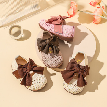 Graceful Bow Breathable Soft Soled Baby Princess Shoes for Toddlers: Hollowed Out Knitted Single Footwear