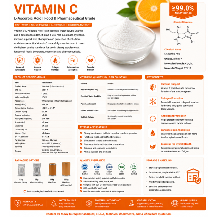 Polvo de ácido ascórbico de vitamina C