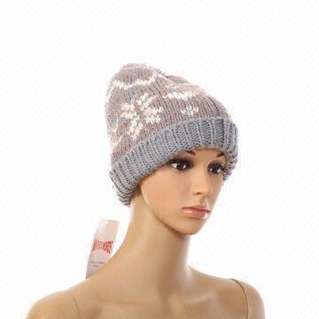 Fashion 100% acrylic knitted winter plain gray hat with pompon