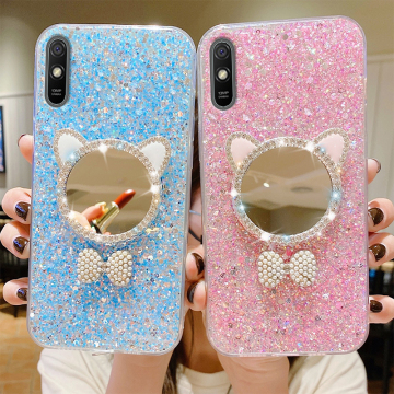 Cute Diamond Bling Makeup Mirror Phone Case for Redmi Note 13/12/11/10 Pro