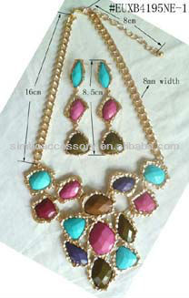 fashion metal resin and acrylic rhinestones jewelry necklace pendant with earring set