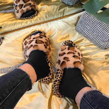 Leopard Women's Slippers Furry Ladies Flats Shoes Woman Furry Open Toe Outdoor Fluffy Footwear Female Peep Toe Home Slippers