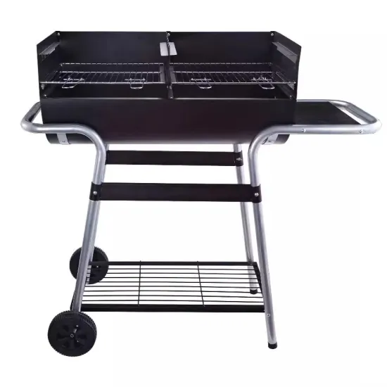 Outdoor Charcoal Barbecue Grill BBQ Trolley with Double Grill Side Table Storage Shelf and Wheels