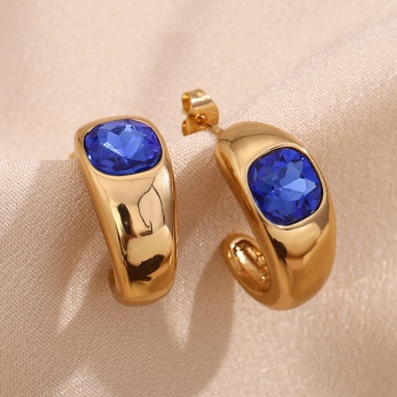 Brave Light Crystal Blue Gemstone Hoop Earrings Gold Plated Stainless Steel