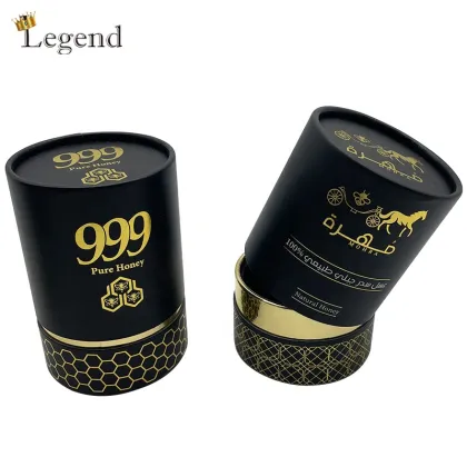 Custom Luxury Gold Logo Black Paper Tube Boxes for Honey Jars