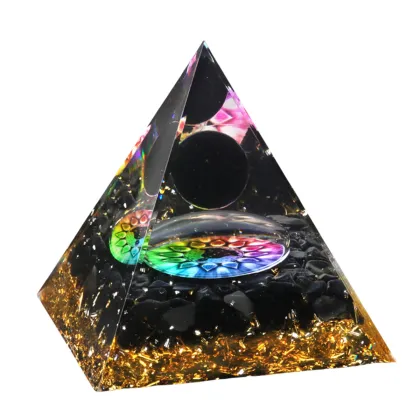 Black Obsidian Sphere Raw Black Obsidian Base Gold 60MM Pyramid Ornament