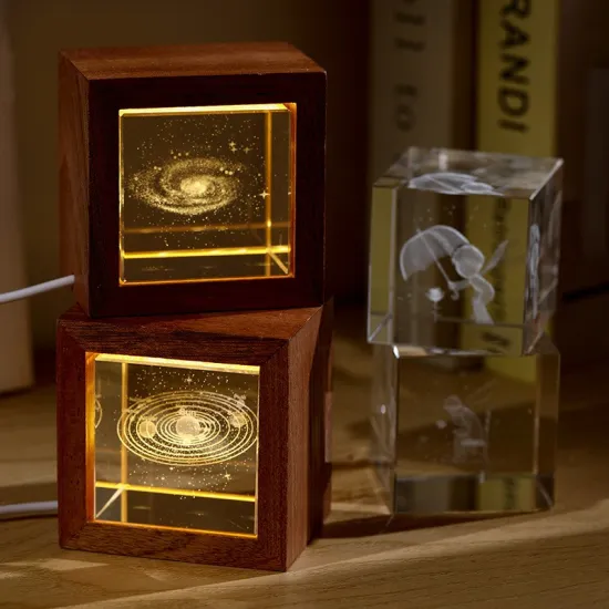 3D Galaxy Crystal Cube - Wooden Night Light Decoration Birthday Gift