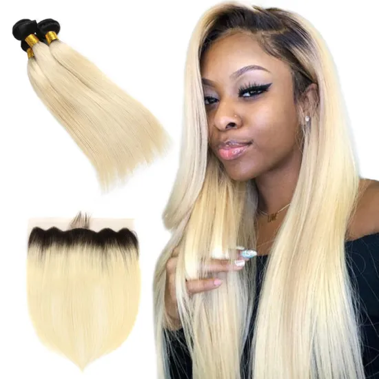 1B 613 Blonde Black Roots Ombre Color Remy Brazilian Straight Hair Weave Bundles With Pre Plucked  Ear to Ear Lace Frontal