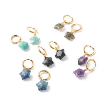 Faceted Star Mixed Natural Gemstone Charms & 304 Stainless Steel Huggie Hoop Earrings