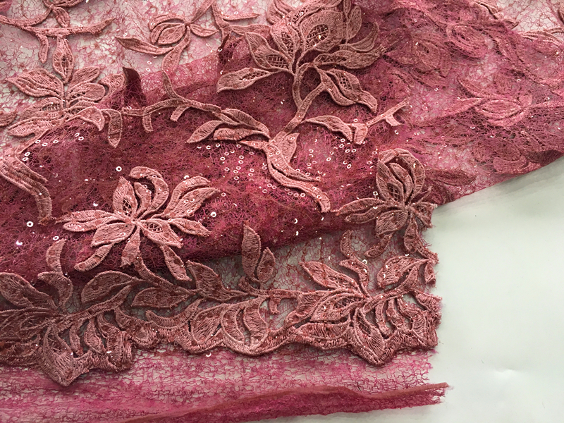 3D Flower Sequin Embroidery On Lace Mesh Fabric