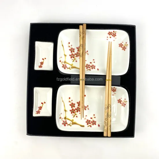 Western Style Plum Blossom Porcelain Sushi Dinnerware Set with 2 Plates, 2 Sauce Dishes, and 2 Pairs of Chopsticks