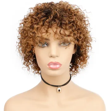 Cheap 1b/30 Ombre Human Hair for Women Peruvian Curly Wig with Bangs Afro Kinky Curly Wigs Jerry Curly Brown Short Wig