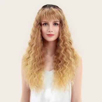 Soft long synthetic hair wigs honey color high temperature fiber curly weave machine made wigs wholesale wigs for women