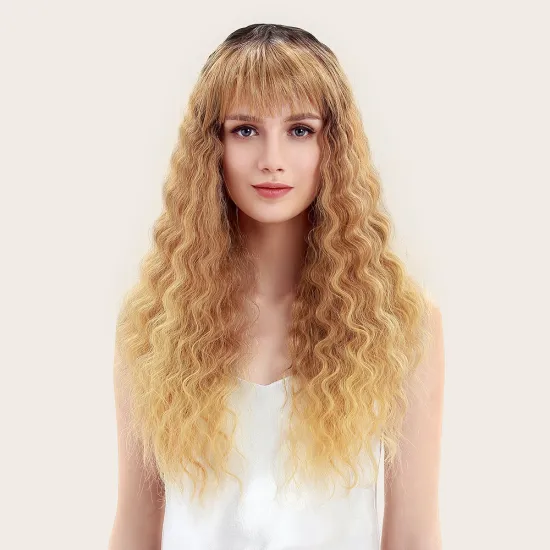 Soft long synthetic hair wigs honey color high temperature fiber curly weave machine made wigs wholesale wigs for women