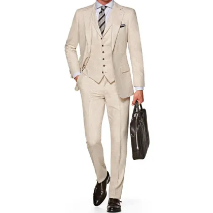 Men's Elegant Beige Suit Set in Wool Fabric
