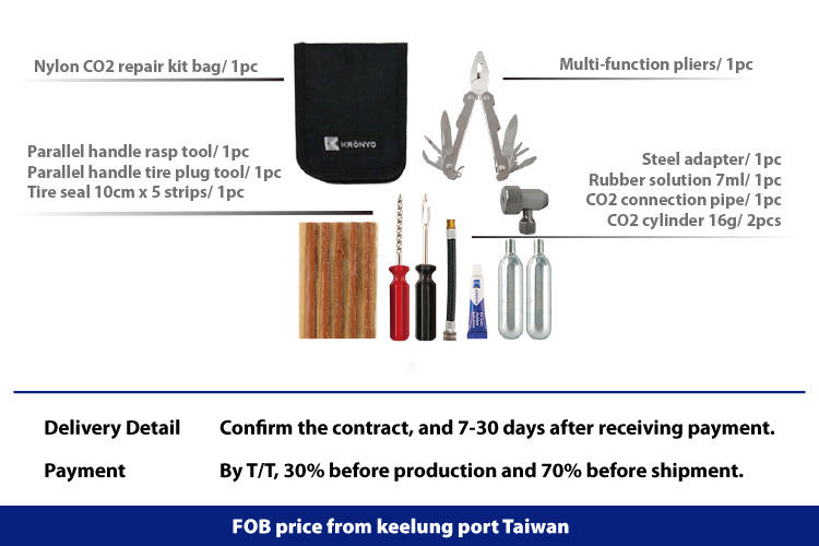 Tire repair bag with co2 aluminium cylinder and tire plugs