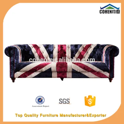 Factory direct sale Europe vintage sofa living room furniture chesterfeild union jack fabric sofa