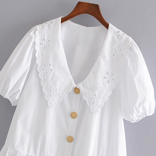 Moda Bordado Patches Vestido Branco Lanterna Feminina