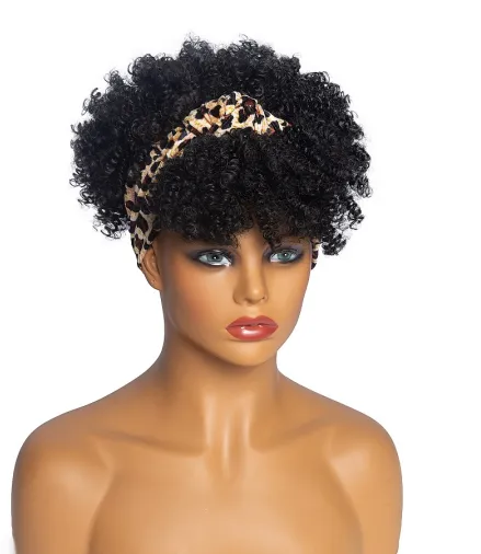 Best Selling Blonde Black Fluffy Short Kinky Curly Afro Turban Wigs Synthetic Ombre Wigs With Headband Attached For Black Women