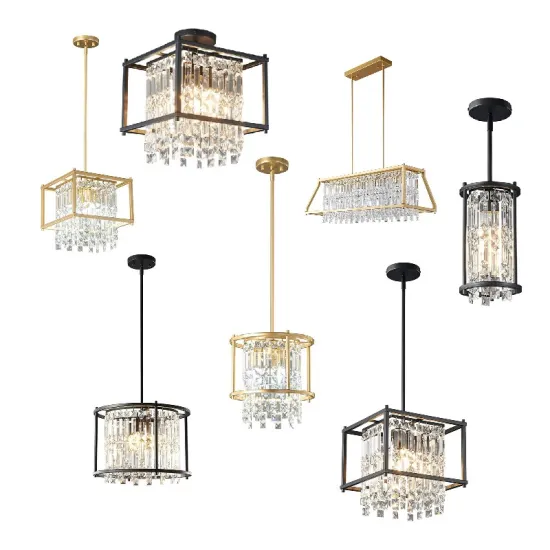 Hanging Pendant Light Chandelier - LED Wrought Iron with Crystal Shade, Industrial Rustic Retro Style