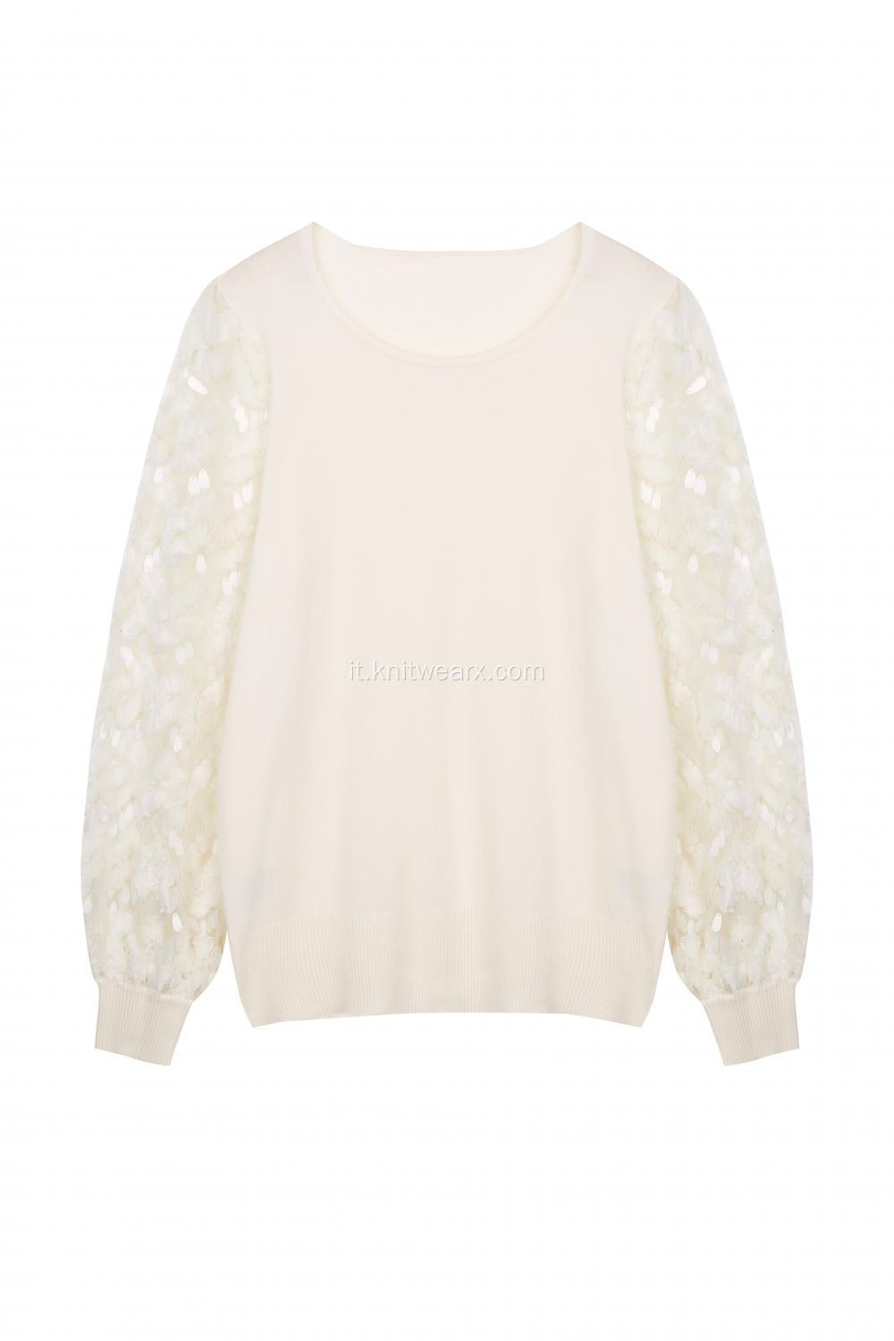 Pullover girocollo da donna in pizzo con paillettes lavorate a maglia