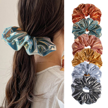 Leather Fabric Large Hair Band Ponytail Scrunchies for Women - 17cm Silver