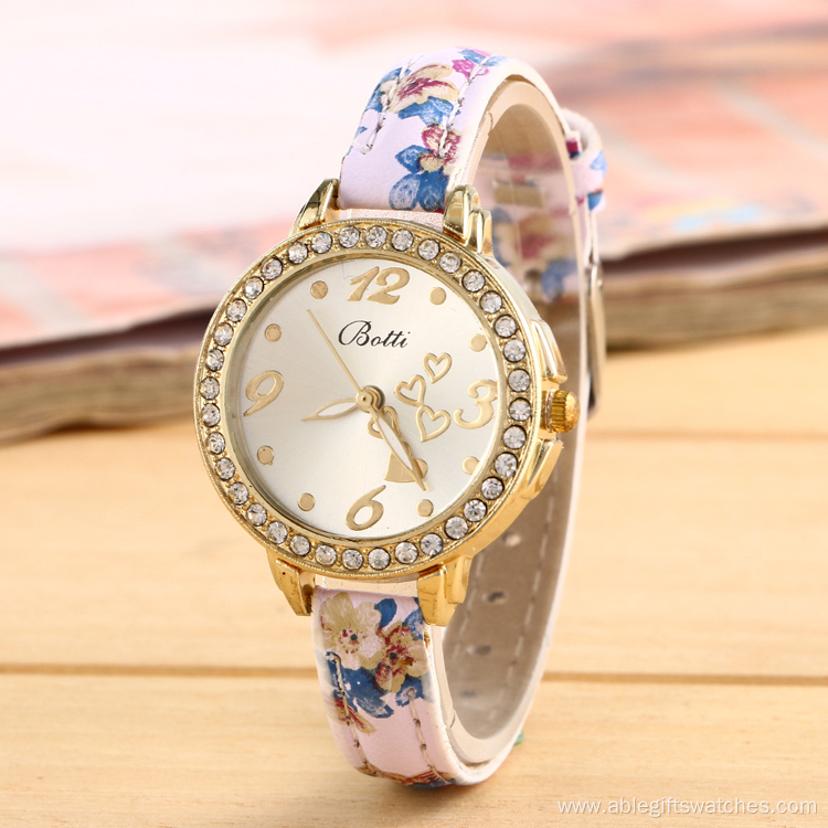 Printing Leather Rhinestone Watch for Women