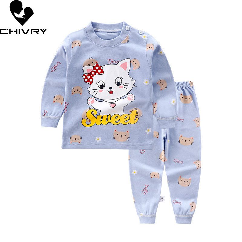 New 2020 Kids Boys Pajama Sets Cartoon Print Long Sleeve O-Neck T-Shirt Tops with Pants Newborn Baby Girls Autumn Sleeping Cloth