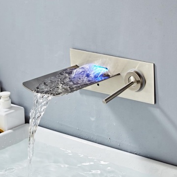 Colorful LED Glow Water-powered Wall Mount Bathroom Faucet with Brass Wash Basin and Waterfall Effect
