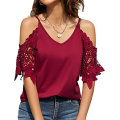 Cold Shoulder Lace Trim V Neck Half Sleeve