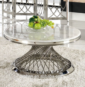 European high gloss face round stainless steel tube coffee table set with marble top B1071