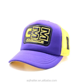High Quality Wholesale Custom Trucker Hats: Purple Trucker Cap with Embossed 3D Logo and Leather Patch Mesh