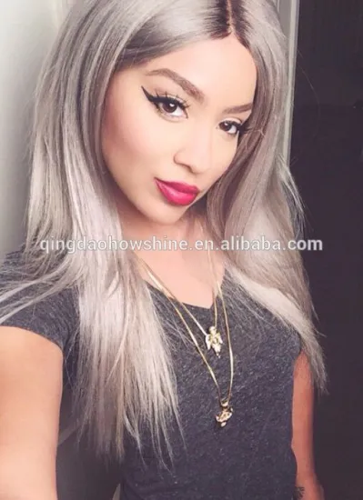 Top Fashion Ombre Gray Mongolian Human Hair 150% Density Glueless Lace Front Wig