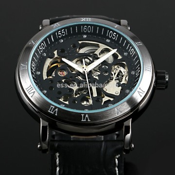 2015 Top genuine leather strap stainelss steel automatic mechanical movement luxury skeleton watch men accept Paypal WM416