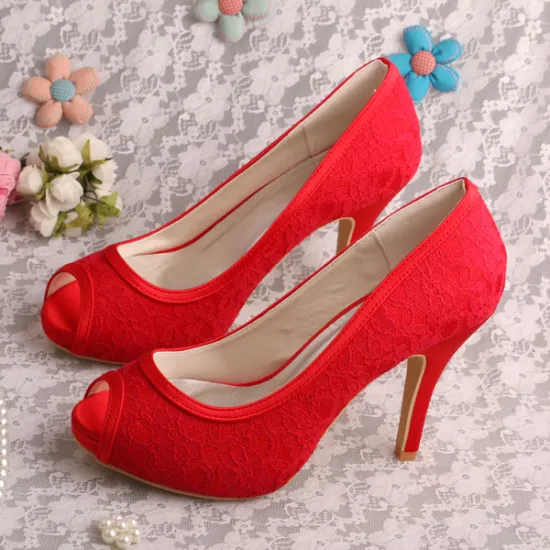 High Heel Red Lace Wedding Shoes Canada