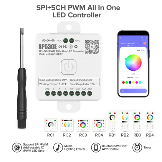 SP530E 5V~24V SPI+5CH PWM All-In-One Bluetooth WiFi LED Controller for 12 Types of LED Strip Lights