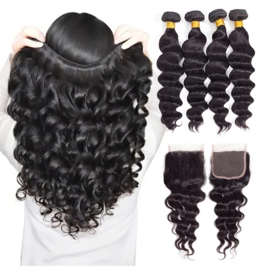 Top selling cuticle aligned  deep loose wave human hair weave bundles and closure cuticle aligned virgin hair dropshipping