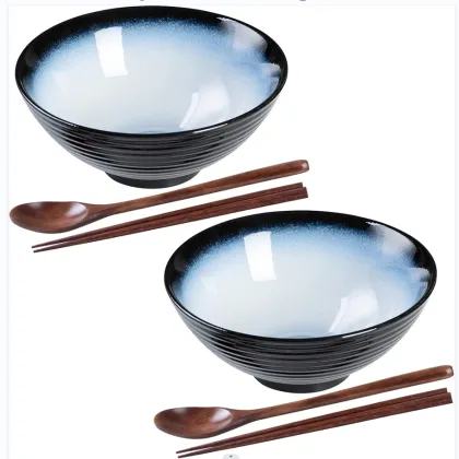 Japanese-Style Handmade Ceramic Ramen Bowl Set with Accessories