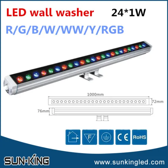 High power top grade 24W 1M linear led wallwasher light, decorative building 24 watts led rgb wall washer DMX512 control