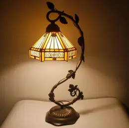 WERFACTORY Tiffany Lamp Stained Glass Table Lamp Bedside Desk Reading Light Metal Leaf Base Bedroom Home Office