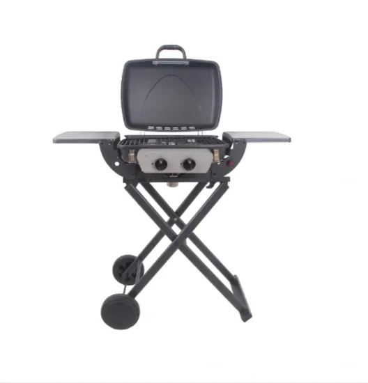 CE Approved 2 Burners Folding Gas BBQ Grill with Side Table and Trolley Portable Gas Grill