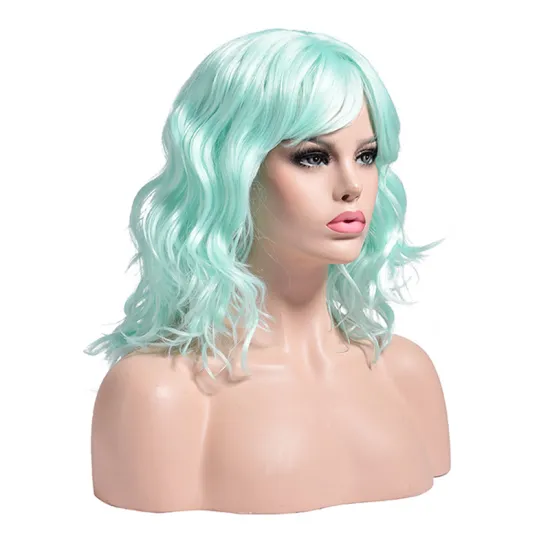 Hot Heat Resistant Ombre Brown Black Brown Pink Light Green Curly Wig For Women Synthetic Short Water Wavy Wigs With Bangs
