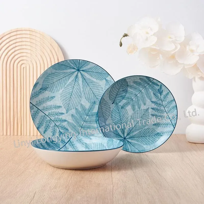 18PCS Eco-Friendly Blue Matte Leaf Pad Print Porcelain Dinner Set