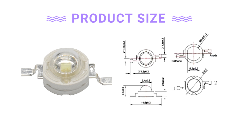 Size of 8080UVC41P45I1A UV LEDs (Ultraviolet) 410nm High Power LEDs 3W