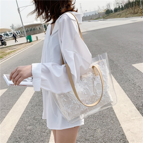 Beg Tote PVC Clear Tote beg bunga bordir